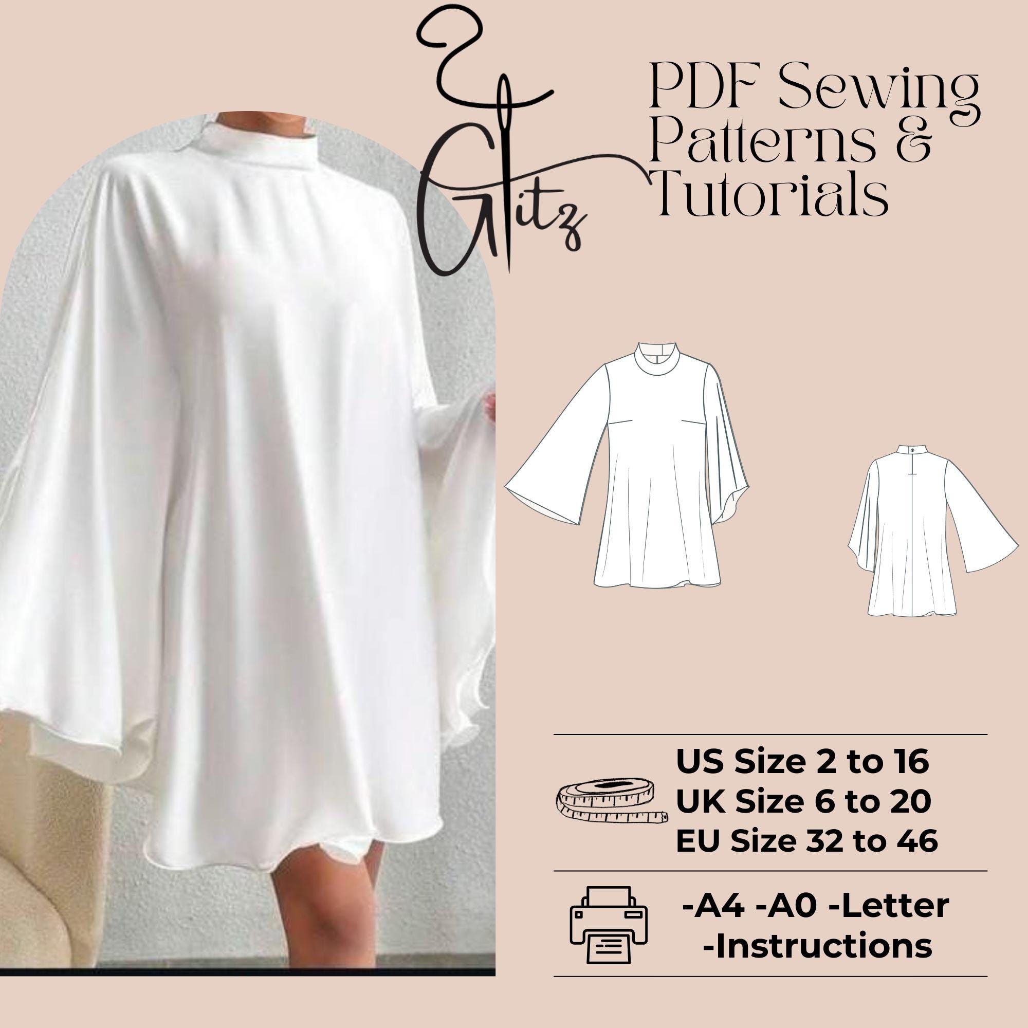 High Neck Circle Mini Dress Pattern with Flowy Batwing Sleeves and Loose, Draped Silhouette Tent Dress Sewing Pattern