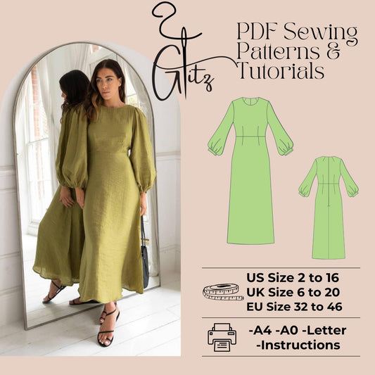 A Line Evening Dress Sewing Pattern Cocktail Dress Pattern Long Sleeve Dress
