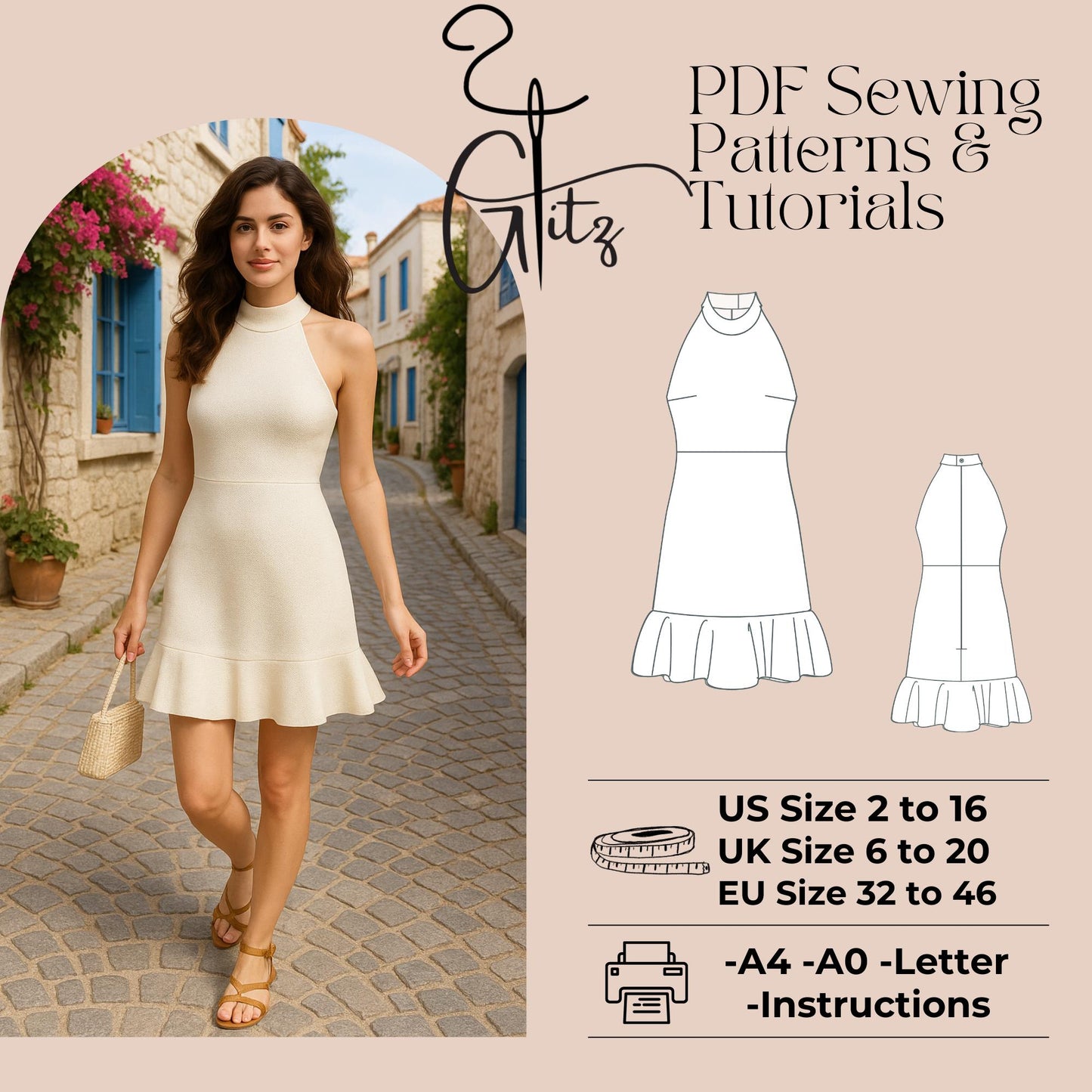 Halter Neck Summer Mini Dress Sewing Pattern Flounce Dress Pattern Women Dress Pattern