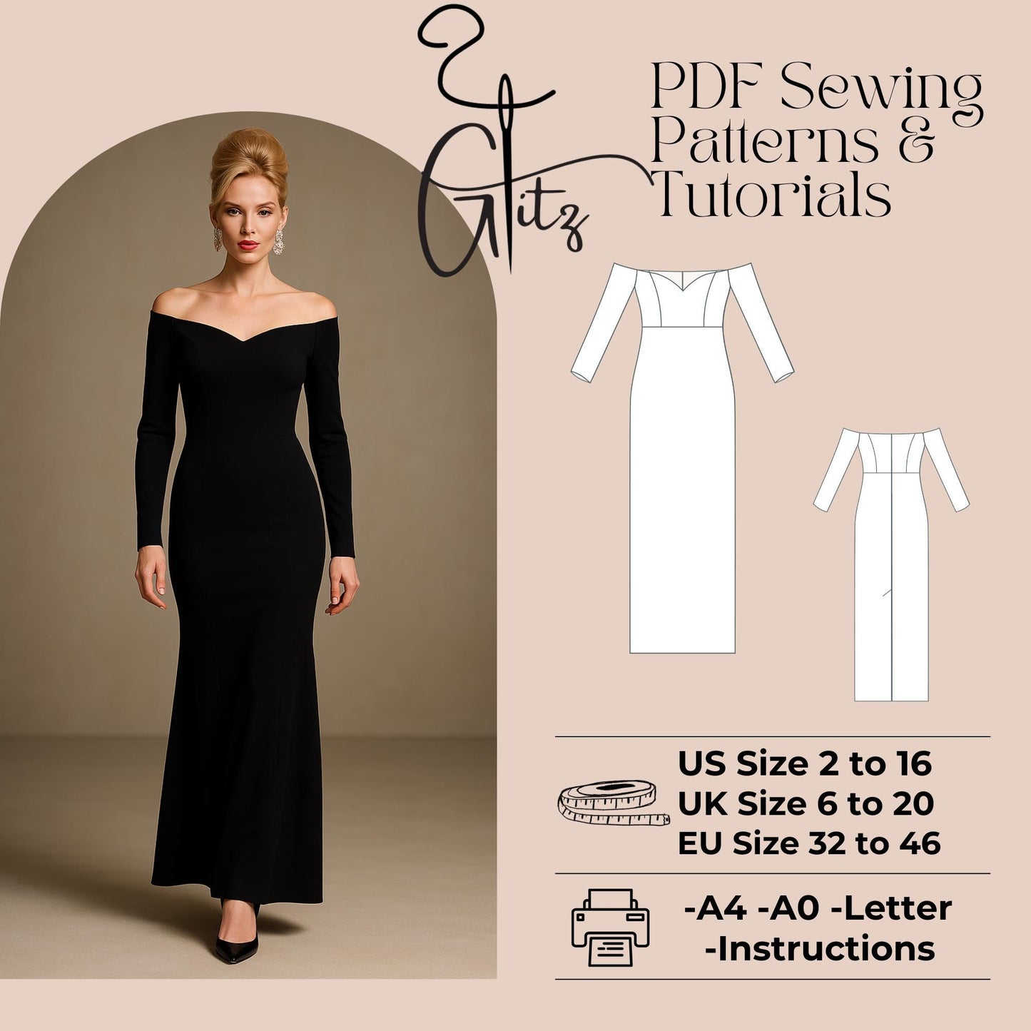 Off Shoulder V Neck Long Straigth Evening Dress Sewing Pattern Long Sleeve Cocktail Dress