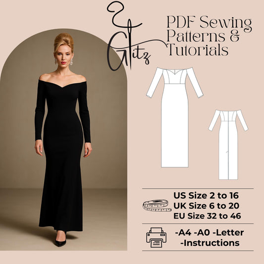 Off Shoulder V Neck Long Straigth Evening Dress Sewing Pattern Long Sleeve Cocktail Dress