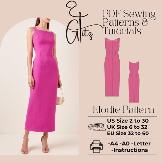 Elodie Pencil Evening Dress Sewing Pattern PDF Digital Pattern Easy Sewing Pattern