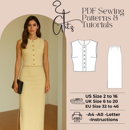 Crop Top and Maxi Skirt Sewing Pattern Elegant Two Piece Set Pattern Beginner Sewing Project Buttoned Crop Top and Pencil Skirt