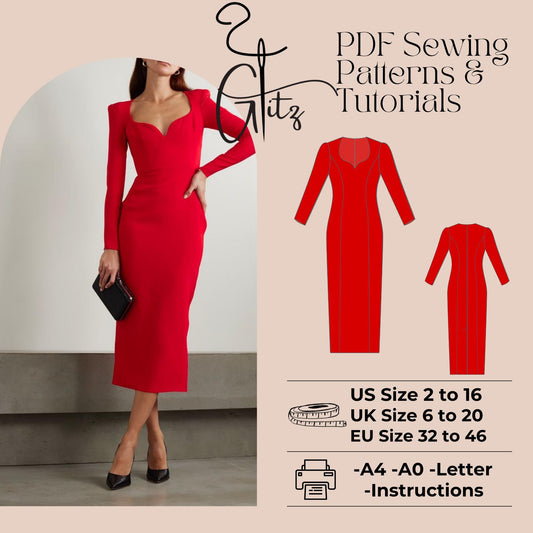 Long Sleeve Formal Pencil Dress Sewing Pattern Women Office Dress Pencil Cocktail Dress