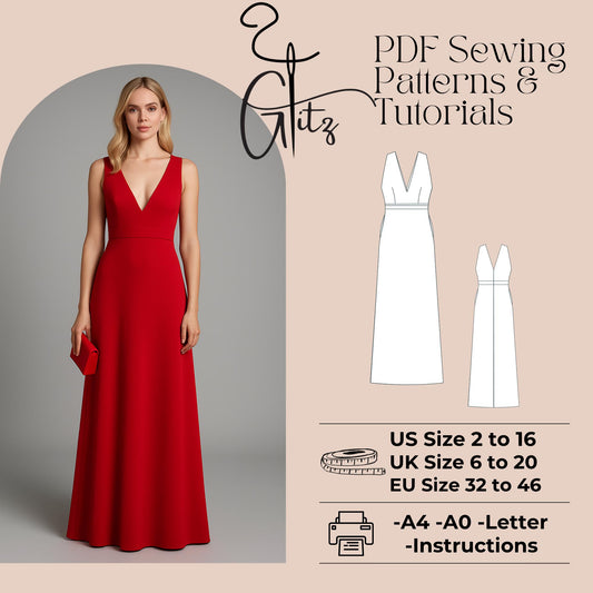 Deep V Neck A Line Evening Dress Sewing Pattern Bridesmaid Dress Bachelorette Dress Prom Dress