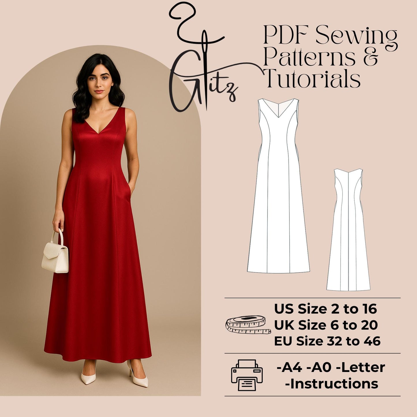 V Neck Satin Long Evening Dress Sewing Pattern Ball Gown Bridal Gown