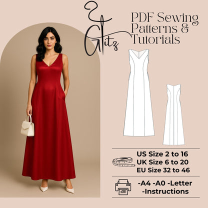 V Neck Satin Long Evening Dress Sewing Pattern Ball Gown Bridal Gown