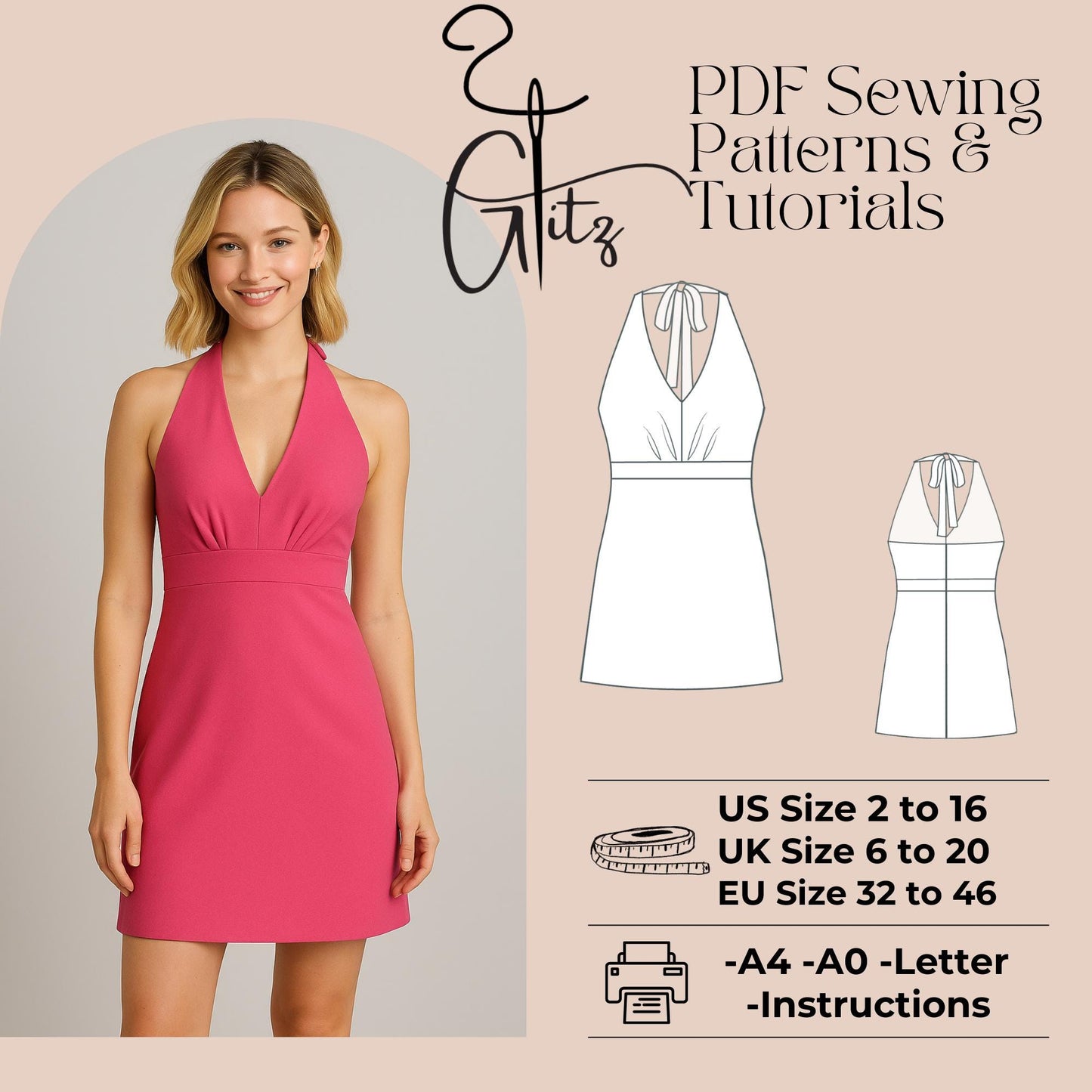Halter Neck Mini Summer Dress Sewing Pattern