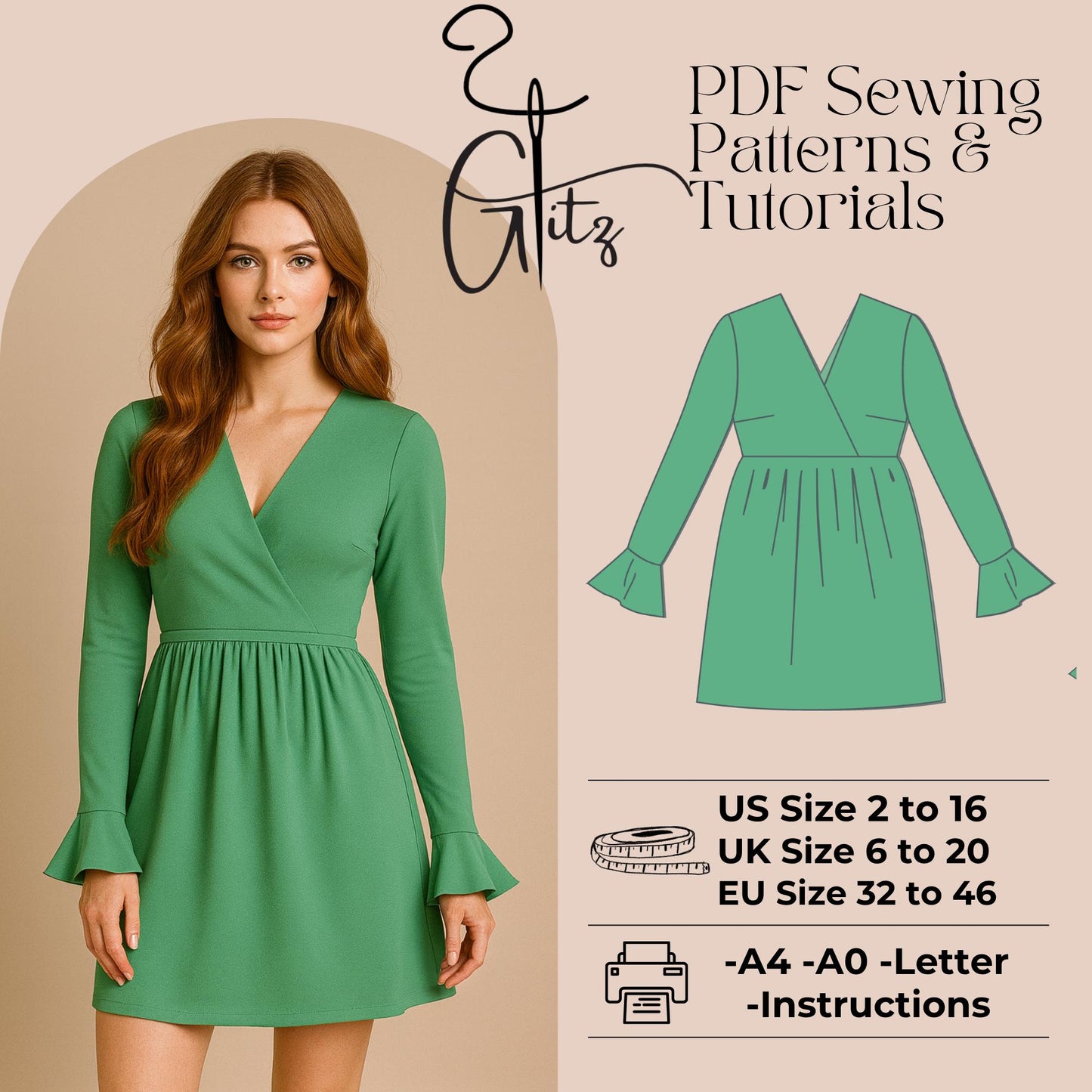 Long Sleeve Surplice Neck Gathered Summer Dresses Digital Sewing Pattern PDF