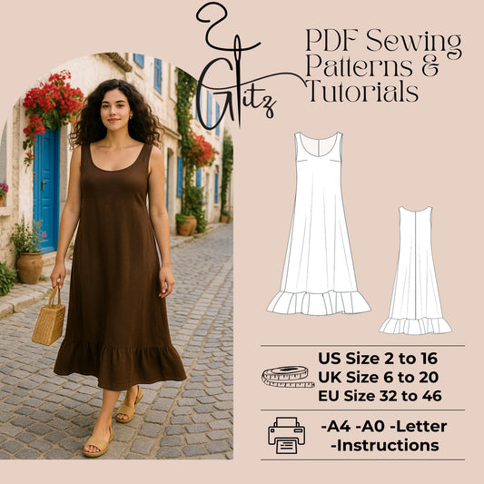 Sleeveless Long Summer Dress Sewing Pattern Linen Dress Pattern Flounce Dress Wide Collar Dress Easy Sewing Pattern