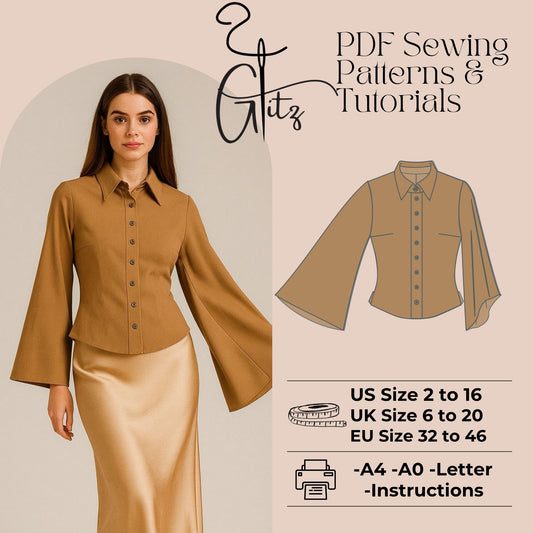 Flared Long Sleeve Basic Shirt Sewing Pattern Button Down Shirt Pattern Easy Shirt Pattern A0 - A4 - Letter US 2-30 Size