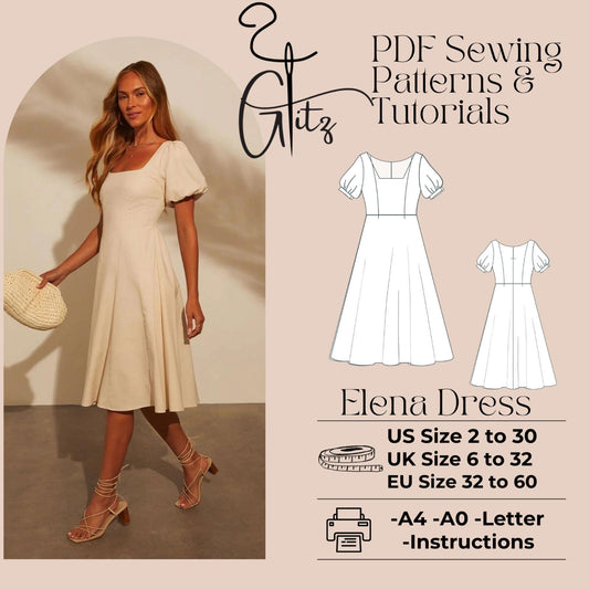 Elena Midi Dress Pattern Puf Sleeve Dress Pattern Cottagecore Dress Evening Gown Dress Bridesmaid Dress Digital PDF Sewing Pattern