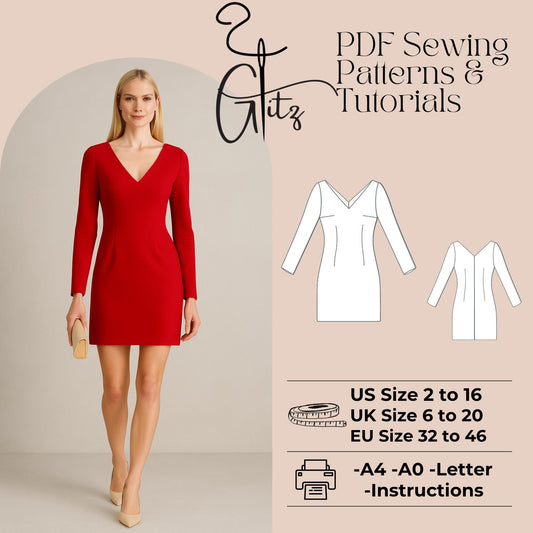Long Sleeve V Neck Mini Evening Dress Sewing Pattern Mini Cocktail Dress Easy Sewing Pattern