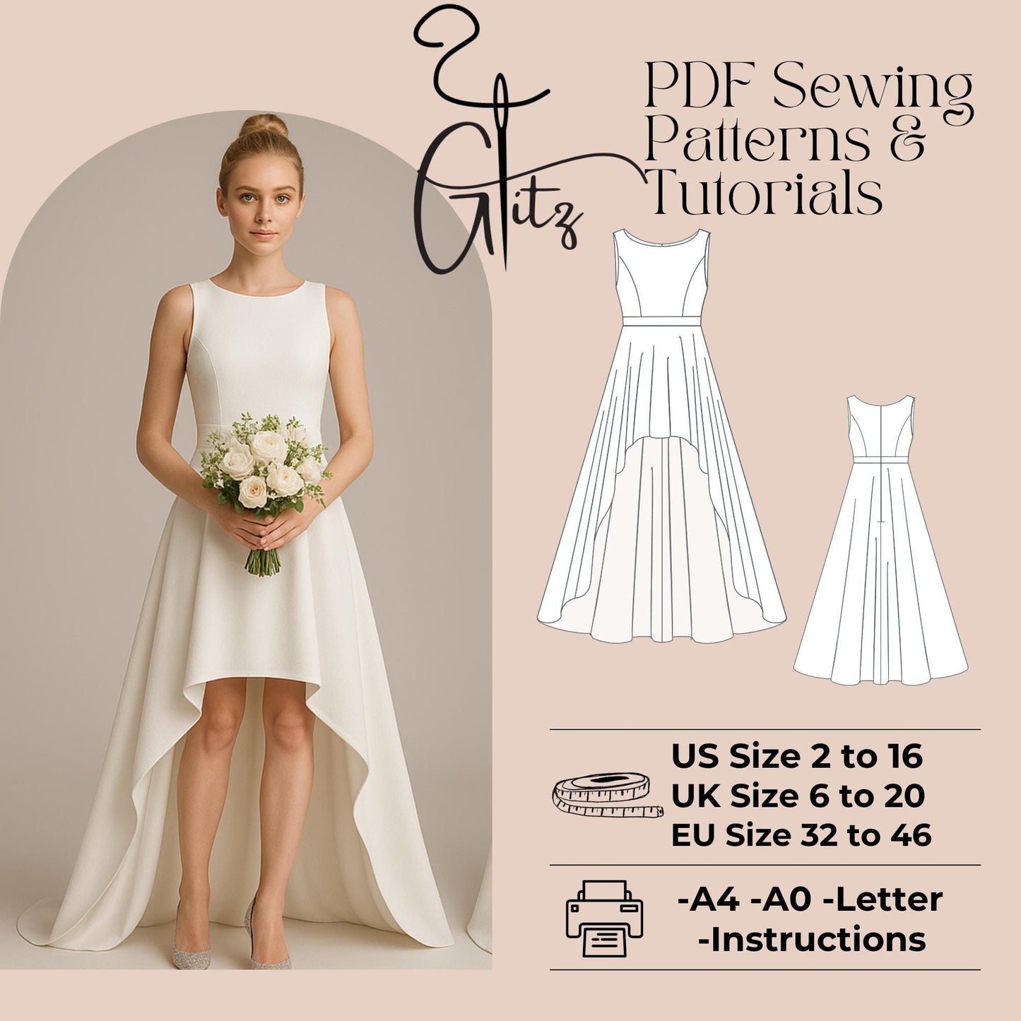 High-Low Wedding Dress Sewing Pattern | Digital PDF | Sleeveless Princess Seam Bridal Gown Prom Dress Ball Gown