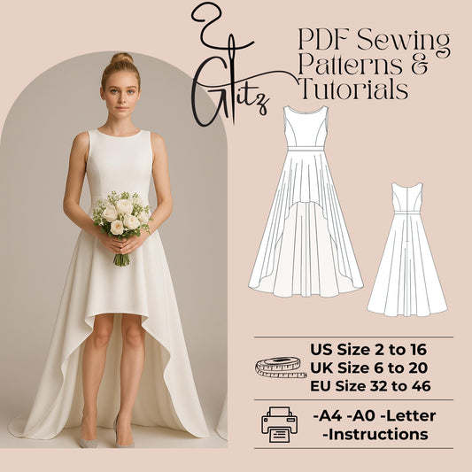 High-Low Wedding Dress Sewing Pattern | Digital PDF | Sleeveless Princess Seam Bridal Gown Prom Dress Ball Gown