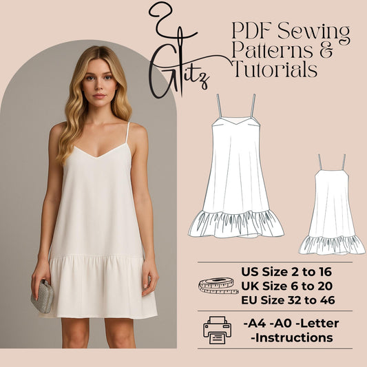 Ruffle Slip Dress Sewing Pattern | Digital PDF | Women's A-Line Mini Dress with Straps and Bust Darts | Easy Summer Dress for Woven Fabrics