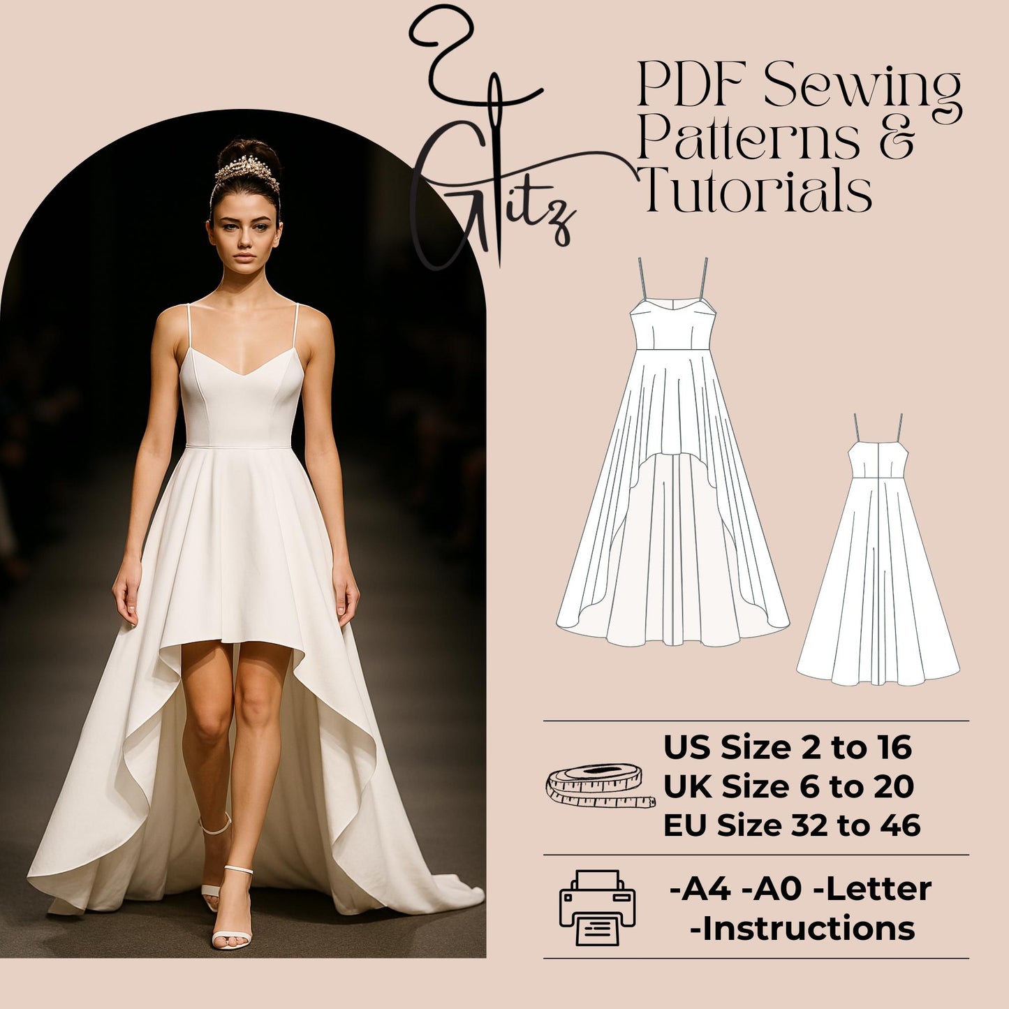 Hi Low Bridal Dress Sewing Pattern Spaghetti Straps Prom Dress Wedding Dress Pattern Ball Gown Bridal Gown