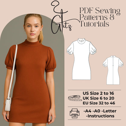 Puff Sleeve Mini Summer Dress Sewing Pattern Easy Sewing Pattern