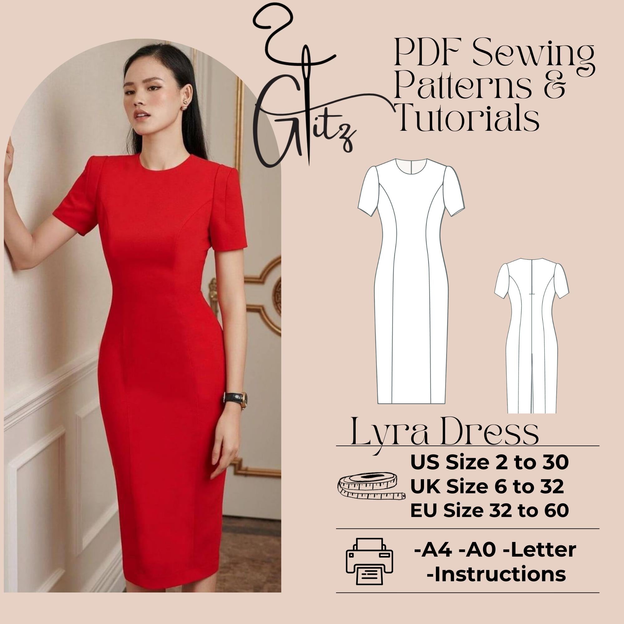 Lyra Midi Pencil Dress Sewing Pattern Evening Cocktail Dress Wedding Guest Dress Digital PDF Sewing Pattern