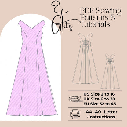 Elegant Off-Shoulder Corset Back Gown Sewing Pattern – Flared Skirt & Sweetheart Neckline Prom Dress Pattern