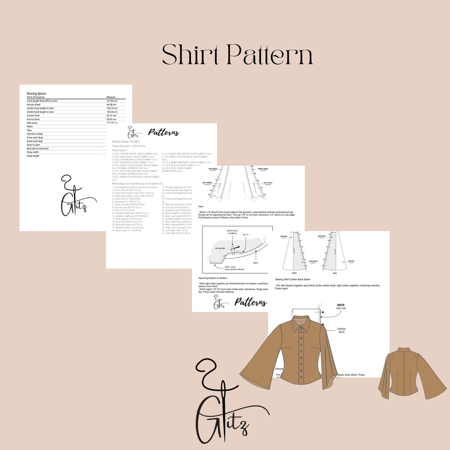 Flared Long Sleeve Basic Shirt Sewing Pattern Button Down Shirt Pattern Easy Shirt Pattern A0 - A4 - Letter US 2-30 Size