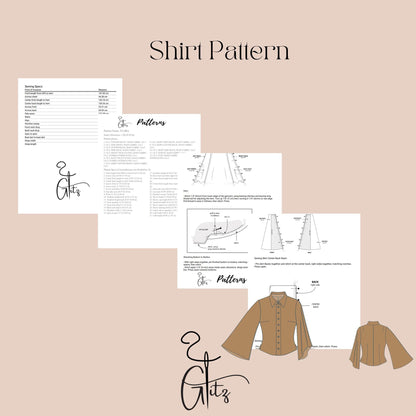 Flared Long Sleeve Basic Shirt Sewing Pattern Button Down Shirt Pattern Easy Shirt Pattern A0 - A4 - Letter US 2-30 Size