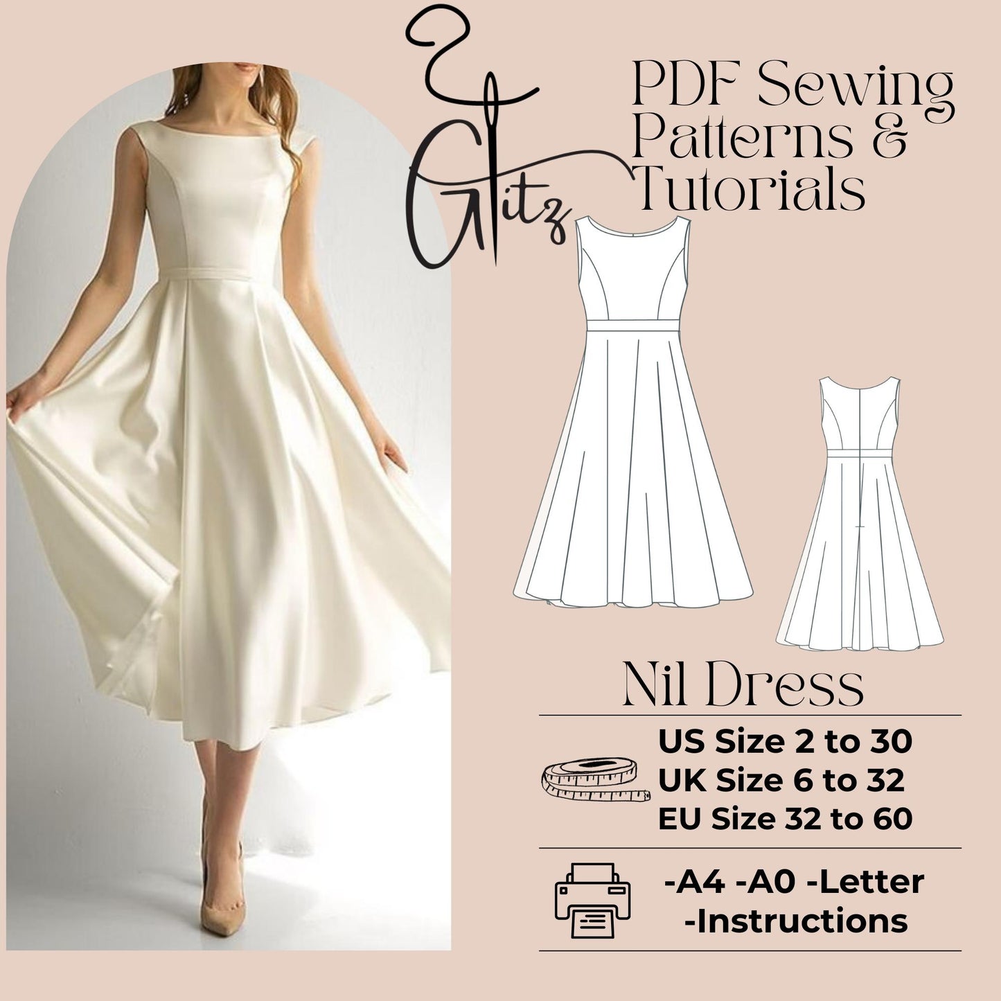 Nil Midi Bridal Dress Pattern, Ball Gown Midi Dress Pattern, Midi Fairy Dress Pattern, PDF Digital Sewing Pattern
