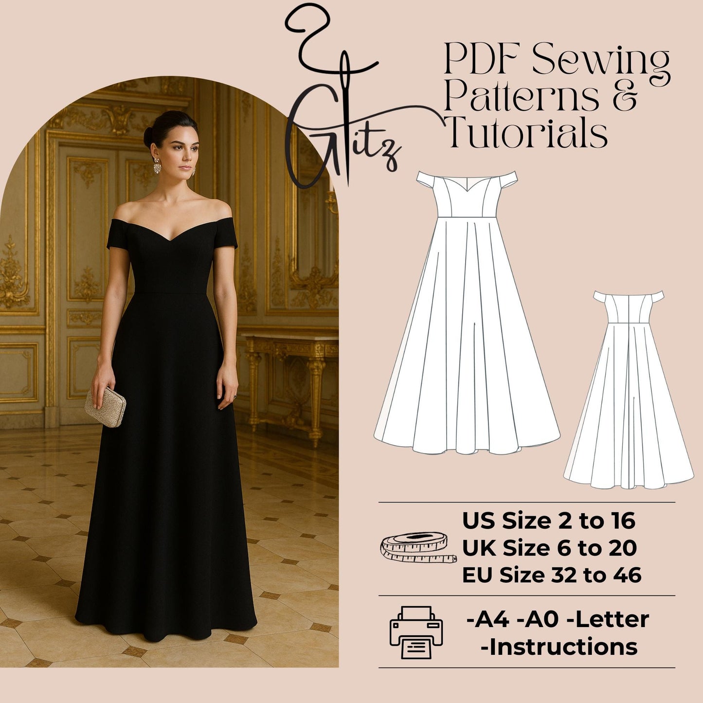 Aurora Off Shoulder Bridal Gown Sewing Pattern Bridesmaid Dress Evening Cocktail Dress Plus Size Pattern