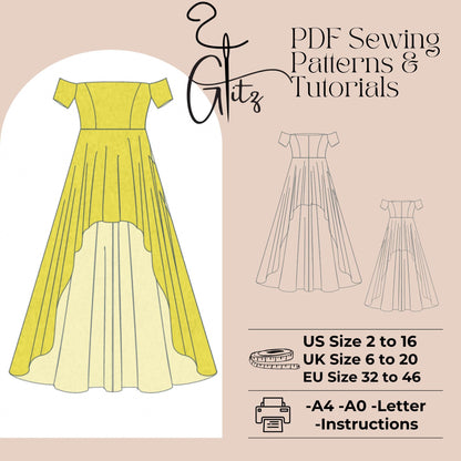 Off Shoulder Prom Dress Hi-Low Dress Sewing Pattern, High Low Prom Dress PDF Sewing Pattern