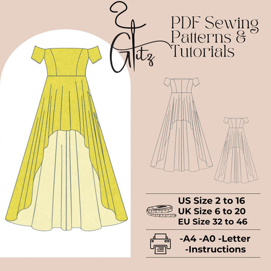 Off Shoulder Prom Dress Hi-Low Dress Sewing Pattern, High Low Prom Dress PDF Sewing Pattern