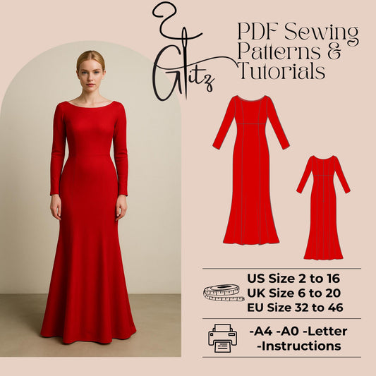 Boat Neck Long Sleeve Evening Dress Sewing Pattern Maxi Cocktail Dress Bridesmaid Dress