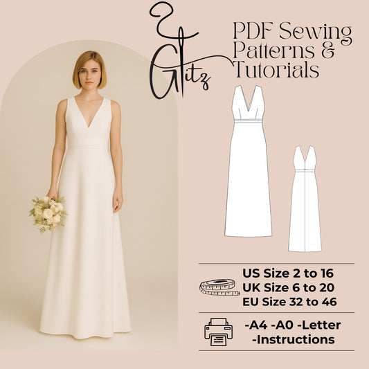 V Neck Classic Bridal Dress Sewing Pattern Boho Wedding Dress Bridesmaid Dress Pattern Long A Line Evening Dress