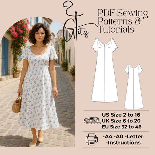 Short Flared Sleeve Summer Dress Sewing Pattern Long Tent Dress Pattern Easy Dress Sewing Pattern Cottagecore Dress Beginner Friendly