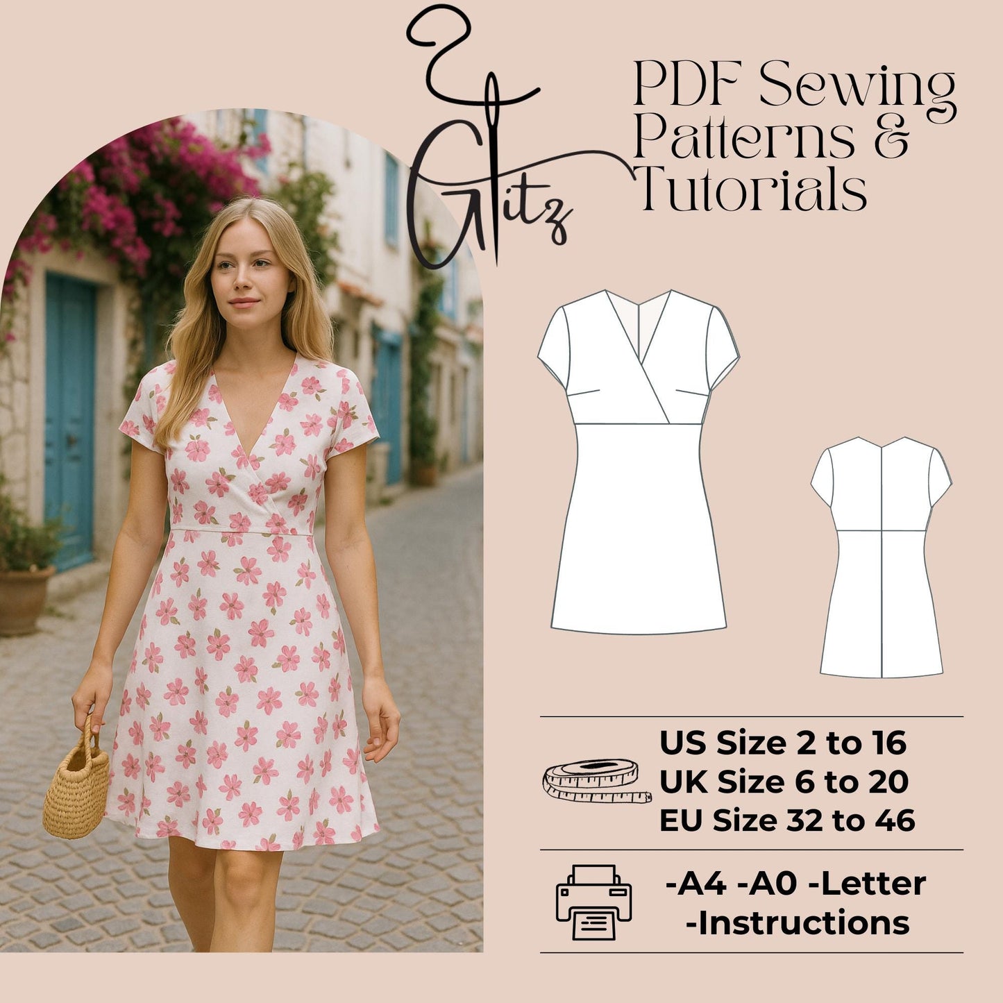 Surplice Neck Empire Waist Mini Summer Dress Sewing Pattern Easy Sewing Pattern Mini A Line Dress Women Dress Pattern