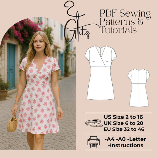 Surplice Neck Empire Waist Mini Summer Dress Sewing Pattern Easy Sewing Pattern Mini A Line Dress Women Dress Pattern