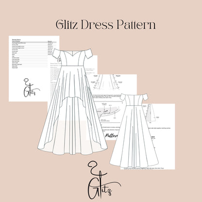 Off Shoulder Hi Low Prom Dress Sewing Pattern Short in Front Long in Back Evening Dress Bridal Dress Ball Gown