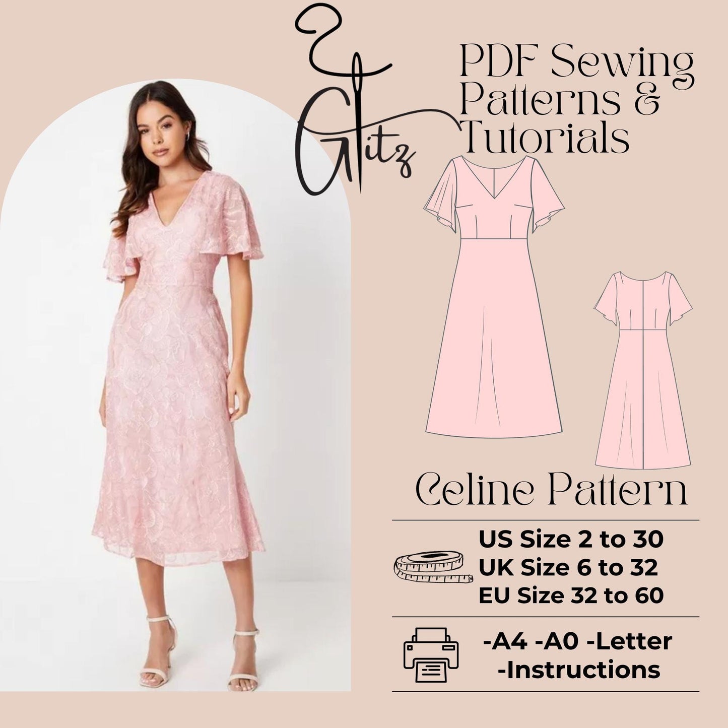 Celine Midi Evening Dress Pattern Cocktail Dress Pattern PDF Digital Sewing Pattern