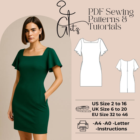 Mini Cocktail Evening Dress Sewing Pattern Short Flared Sleeve Dress Pattern Easy Sewing Pattern Summer Dress Pattern