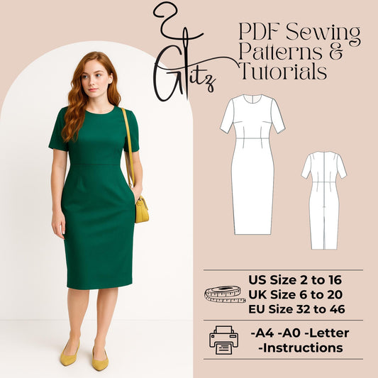 Midi Office Dress Sewing Pattern Short Sleeve Pencil Dress Pattern Evening Dress