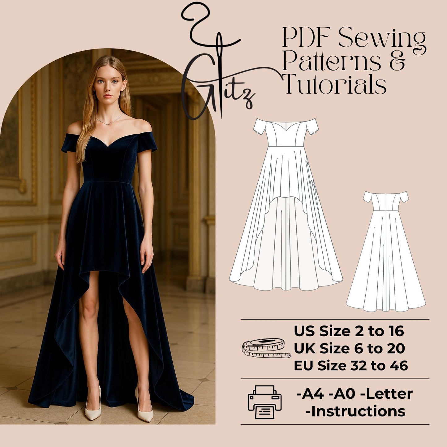 Off Shoulder Hi Low Prom Dress Sewing Pattern Short in Front Long in Back Evening Dress Bridal Dress Ball Gown