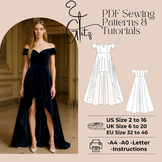 Off Shoulder Hi Low Prom Dress Sewing Pattern Short in Front Long in Back Evening Dress Bridal Dress Ball Gown
