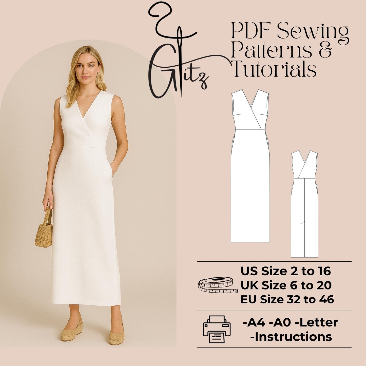 Surplice Neck Summer Dress Sewing Pattern Ankle Length Straight Casual Dress Pattern