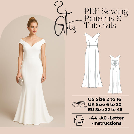 Off Shoulder Mermaid Dress Sewing Pattern – V Neck, Princess Seams, Elegant Fitted Gown Bridal Dress Wedding Dress Ball Gown