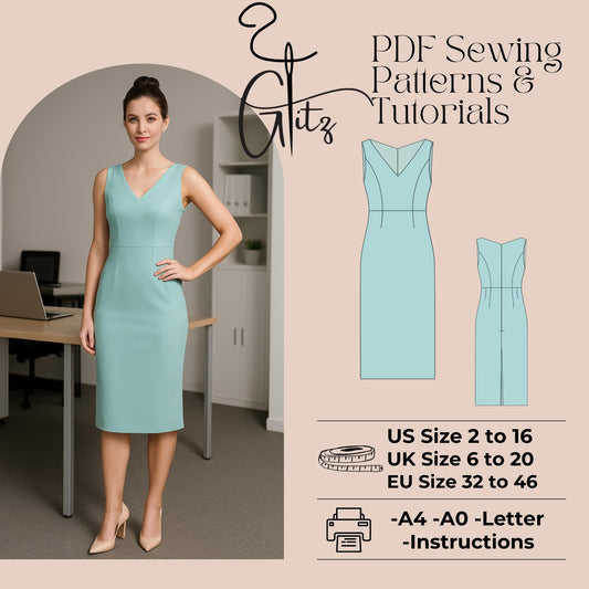 Sleeveless V Neck Pencil Formal Dress Sewing Pattern Women Office Dress Pattern Evening Dresses