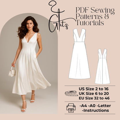 Deep V Neck Midi Satin Evening Dress Sewing Pattern Midi Bridal Dress Ball Gown Bridal Gown