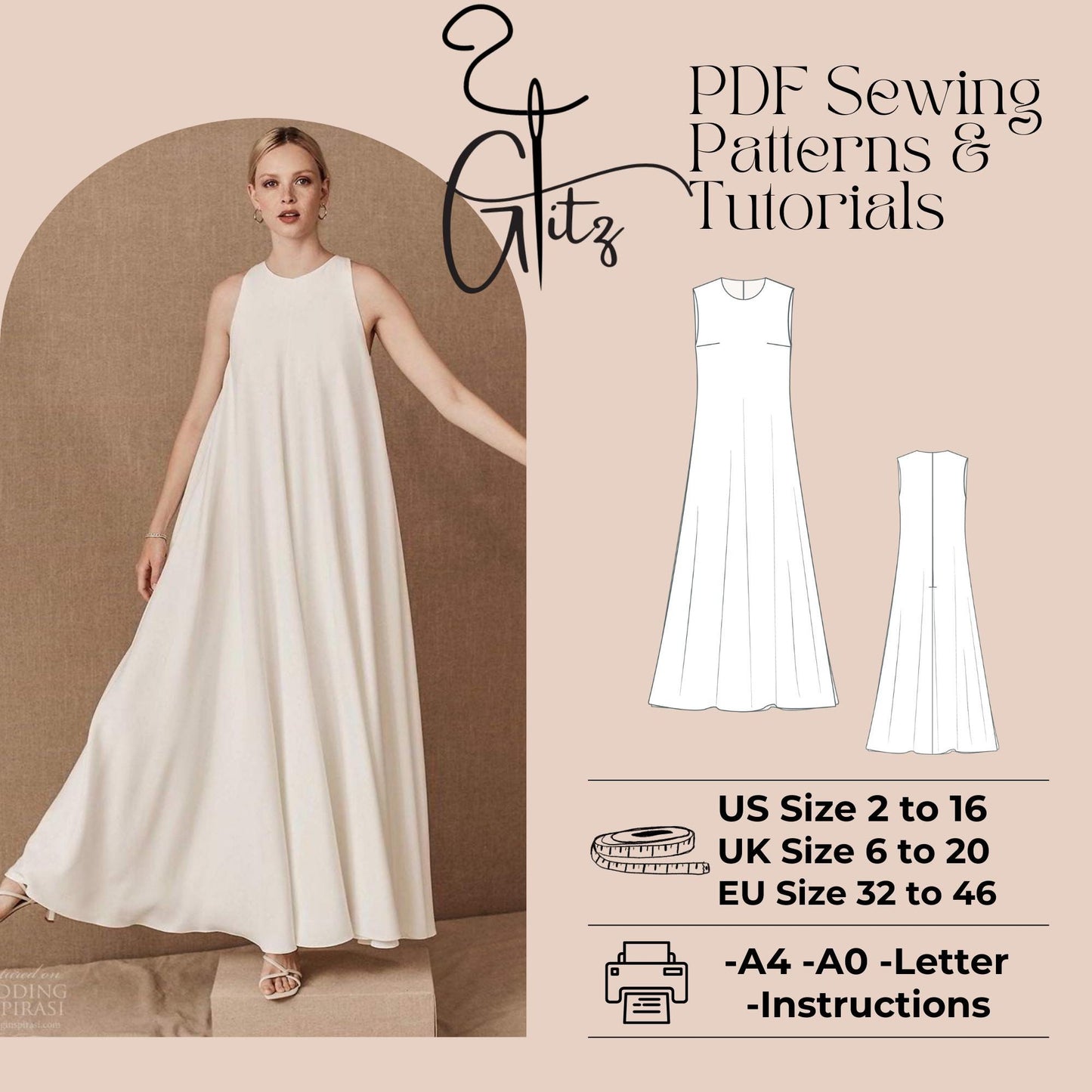 Sleeveless Linen Maxi Dress Long Summer Tent Dress Easy Dress Pattern PDF Digital Sewing Pattern