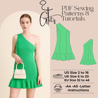 One Shoulder Dress Sewing Pattern Mini Summer Dress Pattern Flounce Dress