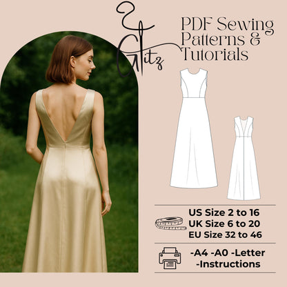 Open Back Long Satin Evening Dress Sewing Pattern Backless Dress Formal Dress Bridal Dress Pattern