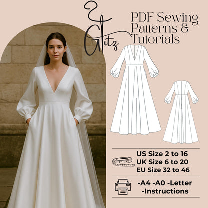 Maxi Dress Sewing Pattern  Long Sleeved Dress Pattern Bridal Gown Ball Gown V Neck Dress Sewing Pattern