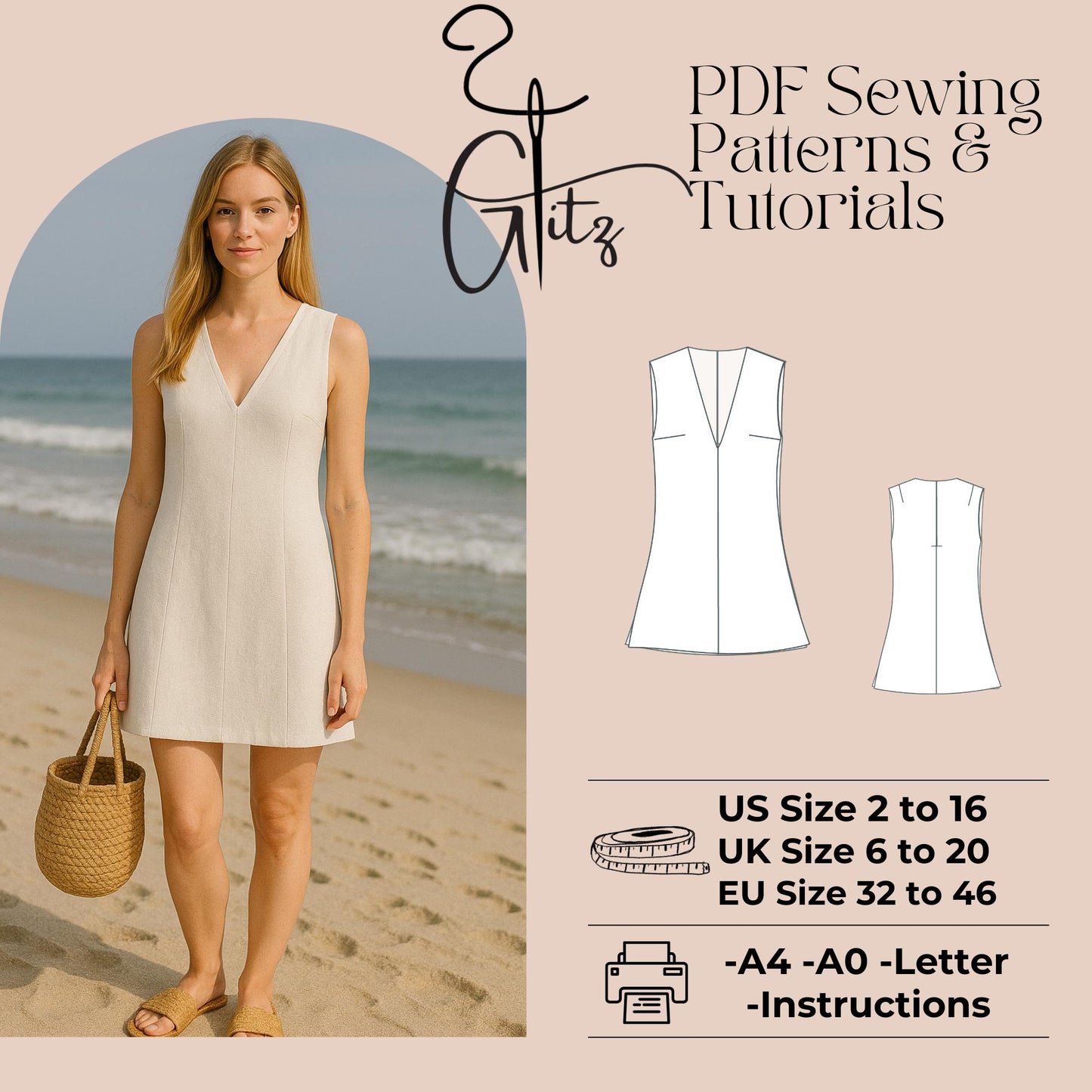 Mini Summer Dress Sewing Pattern Mini Linen Dress Pattern V Neck Dress Easy Sewing Pattern